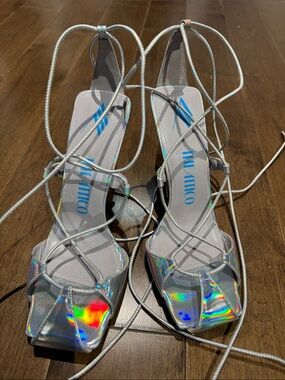 The Attico Iridescent Silver Holographic Lace-Up Heels